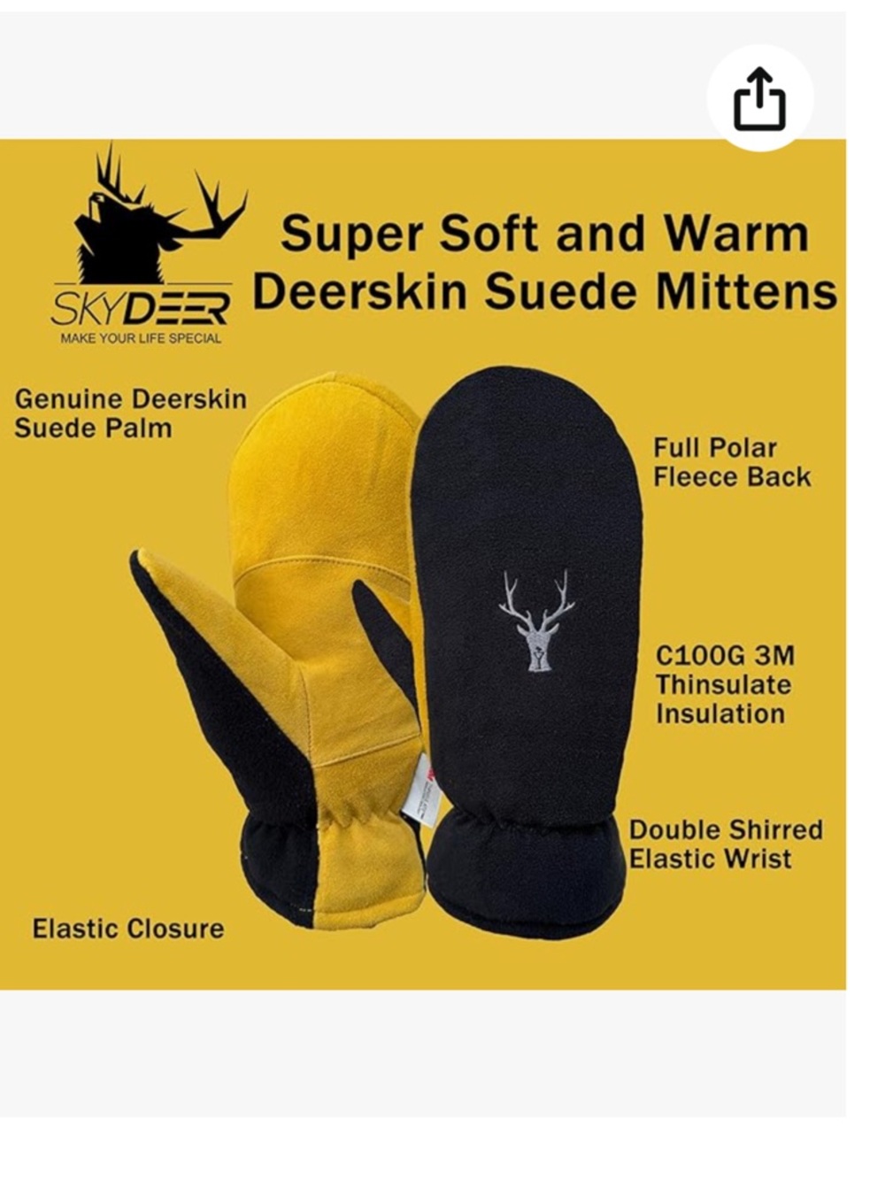 Skydeer Winter Mittens w/ Soft Deerskin Leather & Thermal Polar Fleece - Picture 3 of 7